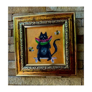 Chat noir mange de la pastèque Art mural Peinture d'abeille Art autochtone Peinture d'abeille Acrylique Petit cadeau encadré Décoration de cuisine amusante Artiste ukrainien
