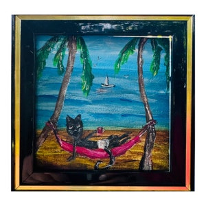 Chat noir en vacances Peinture Aceo #18 Acrylique Petite œuvre d’art encadré 4x4 Peinture tropicale Cadeau d’Ukraine