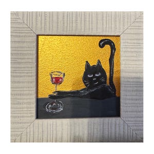Peinture de chat noir avec un verre de vin / Art mural original / Art naïf en or encadré Décoration de cuisine 4x4 drôle de chat noir