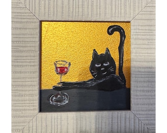 Cuadro de gato negro con copa de vino: obra de arte original para pared/arte naif enmarcado en oro, decoración de cocina, 4x4, divertido gato negro.