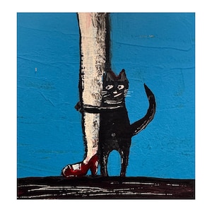 Peinture de chat noir n° 102 Art original - Mini peinture - 4x4 Peinture originale faite à la main Chaton mignon et drôle