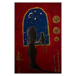 Peinture de nuit du Maroc, fille et chat noir, Art mural de Marrakech, voyage au Maroc, petite œuvre d'art acrylique encadrée dorée