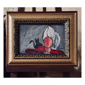 Peinture acrylique originale encadrée d'or #78, Dame avec chat noir, cadeau amoureux des chats, art de la femme, peinture de chat noir, décoration murale de chambre