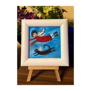 Peinture d'anges pour bébé fille et chat noir, Art mural acrylique, peinture naïve, petit mini ornement, décor pour enfants