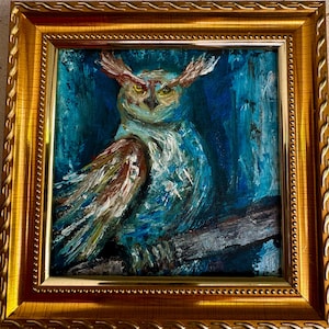 Owl Painting Impasto ,Original  Wall Art Owl Oil Painting on board , Rustic Bird Art Wildlife Animal, Decor Gift Small Painting 4x4