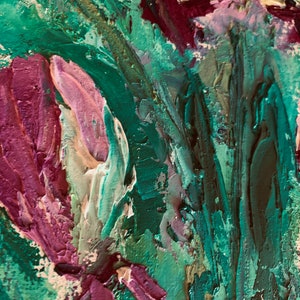 May include: Abstract painting with thick brushstrokes in shades of green, purple, and white. The painting depicts a floral motif with a focus on the flower buds.
