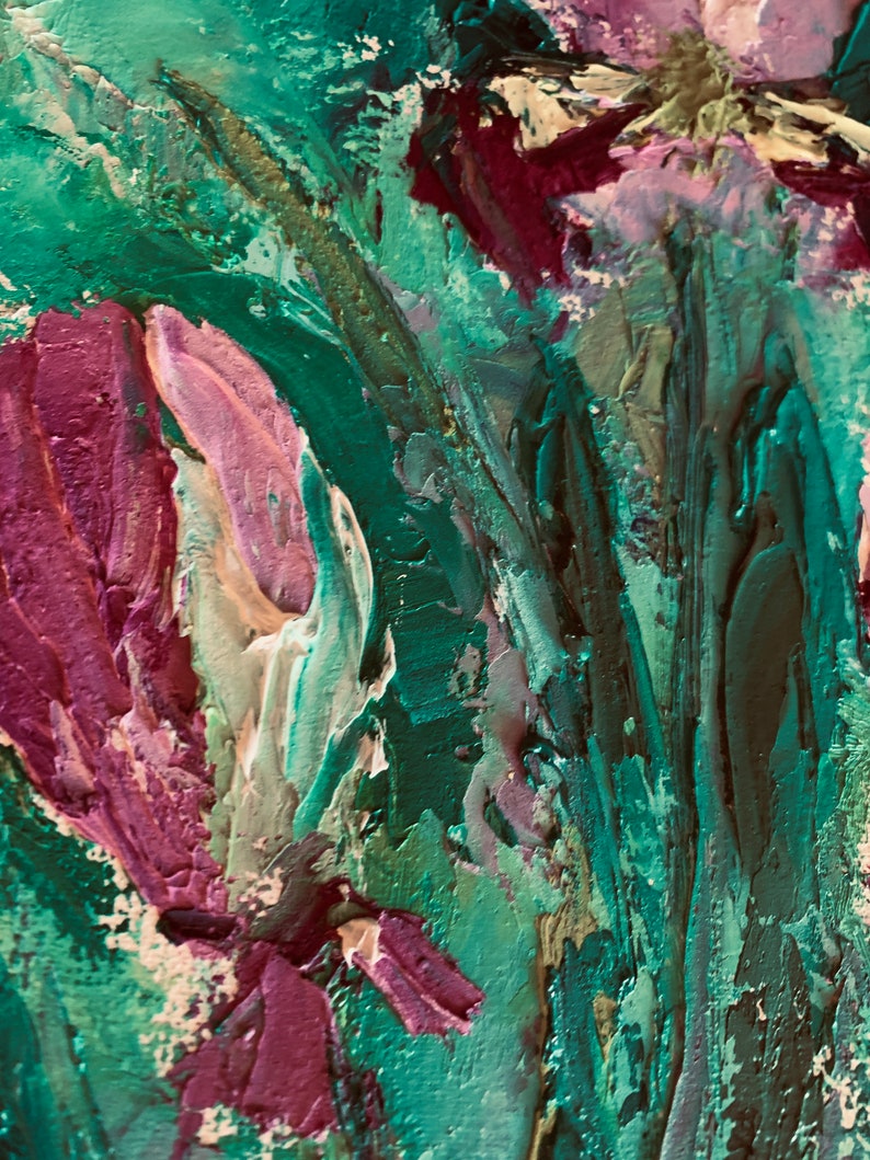 May include: Abstract painting with thick brushstrokes in shades of green, purple, and white. The painting depicts a floral motif with a focus on the flower buds.