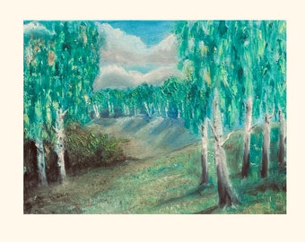 May include: A painting of a forest scene with a row of birch trees in the foreground. The trees are painted in shades of green and white, and the background is a soft blue sky with white clouds.