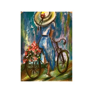 Chica en bicicleta pintura Arte original Home Wall Art Verano Acrílico por artista ucraniano