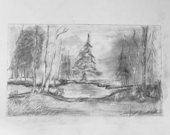 Pencil Drawing: Forest Lake Original Pencil Drawing Drawing - A4 Unique Pencil Landscape