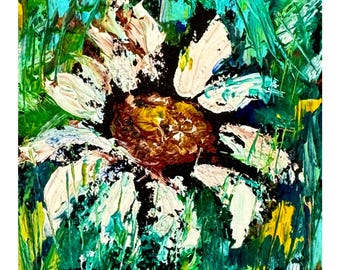 Daisy Painting Original Oil Painting in Blue Framed Small 4x4 Art Daisy Flowers Impasto Kitchen Wall Art