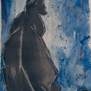 May include: A black cat silhouette painted in watercolor on a blue and white background. The cat is sitting with its tail curled around its body. The artist's signature, "Julia Pachol", is in the bottom right corner.