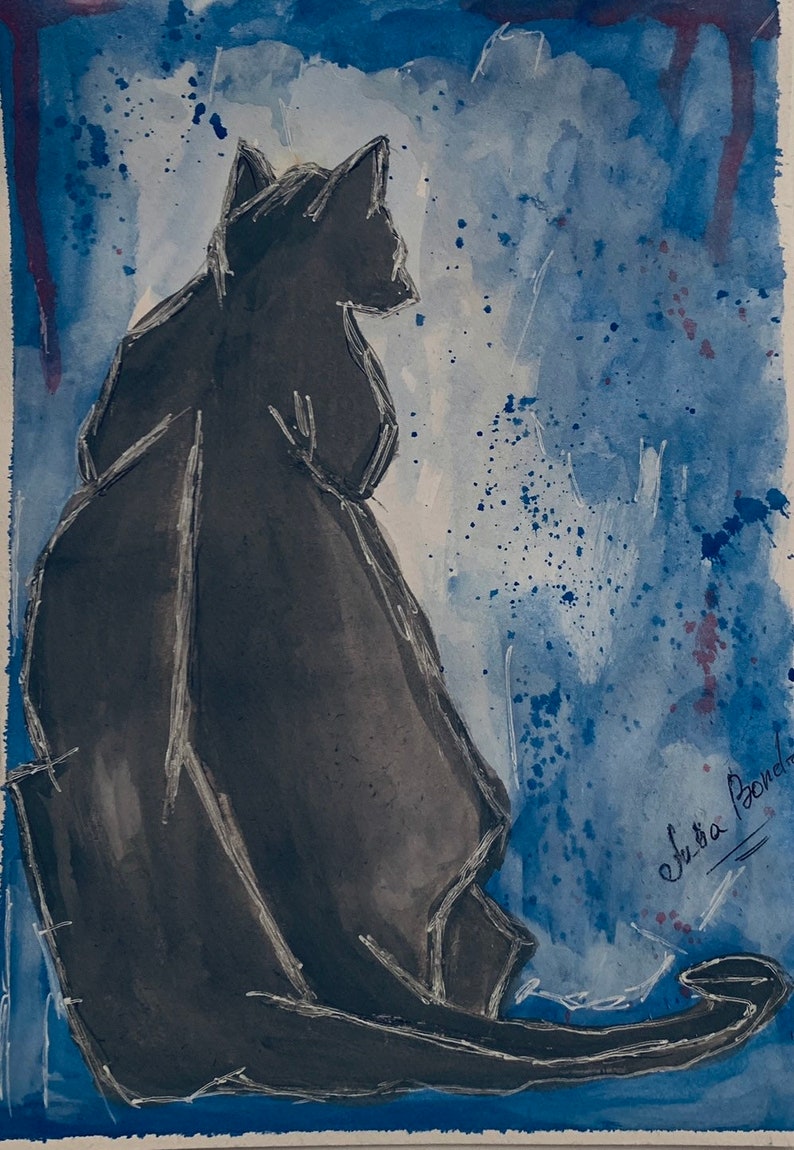 May include: A black cat silhouette painted in watercolor on a blue and white background. The cat is sitting with its tail curled around its body. The artist's signature, "Julia Pachol", is in the bottom right corner.