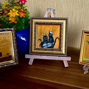 Set of 3 Painting Black Cats Acrylic Original Art Small Painting Framed Ukrainian Artist image 2