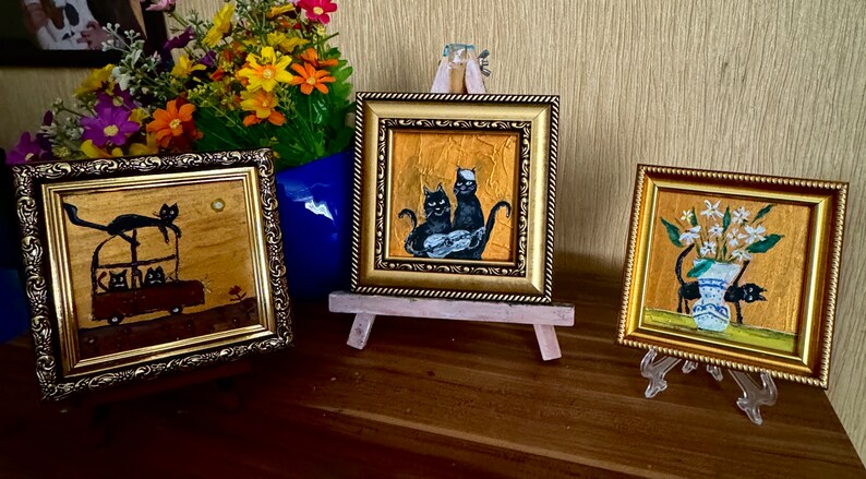 Set of 3 Painting Black Cats Acrylic Original Art Small Painting Framed Ukrainian Artist image 2