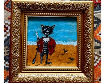 Black Cat Pirate #13 Painting Original Art Small paint in Framed Ukrainian Artist