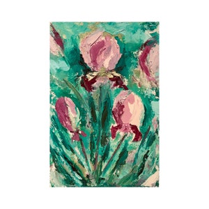 May include: A painting of pink and purple flowers with green leaves on a teal background.