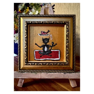 Peinture acrylique Chat Noir Art Mural #4 Art Original Chat Méditation Petite Œuvre Encadrée Yoga Sport Artiste Ukrainien Idée Cadeau
