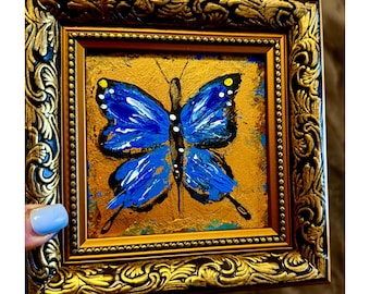 Butterfly painting Original art 4x4 Butterfly mini picture wall art best friend gift Small Gold Framed Gift Idea