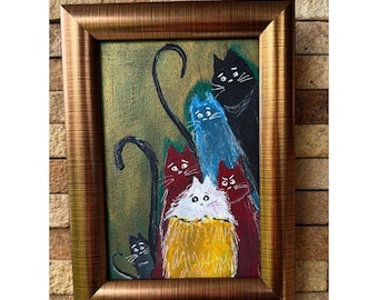 Familia de gatos coloridos: Pintura acrílica original sobre tabla enmarcada | Arte gatuno caprichoso para decoración del hogar 4x6
