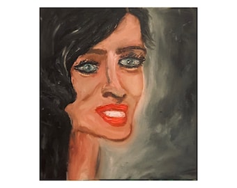 May include: A painting of a woman with dark hair and bright blue eyes. She is smiling and her lips are painted a bright red. The background is a dark gray.