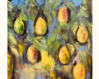 Lemon Wall Decor Painting ,Oil pictures Fruit Tree Original Art Citron Painting Sorrento Yellow Fruits Artwork Kitchen decor 16x16