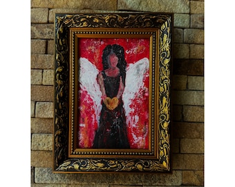 Angel Painting: Abstract Original Art Acrylic Angel Wall Decor 4*6 '' | White Angel Wings Gift from Ukraine