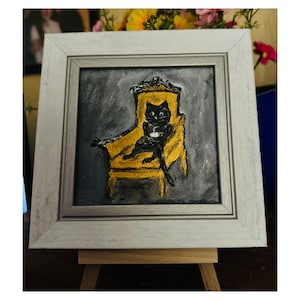 Chat noir sur la chaise buvant du café Art original #17 Décor amusant dans la salle à manger Chat sur la peinture Acrylique Artiste ukrainien