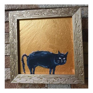 Black Cat Mini Painting:  Acrylic Original Wall Art Framed 4x4 Funny cute kitten Handmade Gift Idea