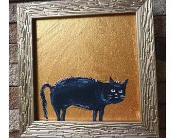 Mini pintura de gato negro: arte de pared original acrílico enmarcado - 4x4 gatito lindo y divertido idea de regalo hecha a mano