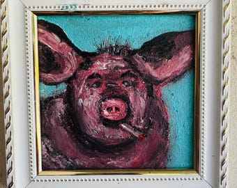 Pig Oil Painting Animals Original board Art Home Decor Naive Wall Art Pid that Smokes Small Painting 4x4 in Framed