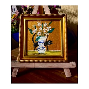 Chat noir et marguerites peinture acrylique art original petite œuvre d’art encadré chaton drôle chaton mignon dans un vase avec des fleurs idée cadeau