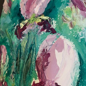 May include: Abstract painting of flowers in shades of pink, purple, and green. The flowers are painted with thick brushstrokes, creating a textured effect.