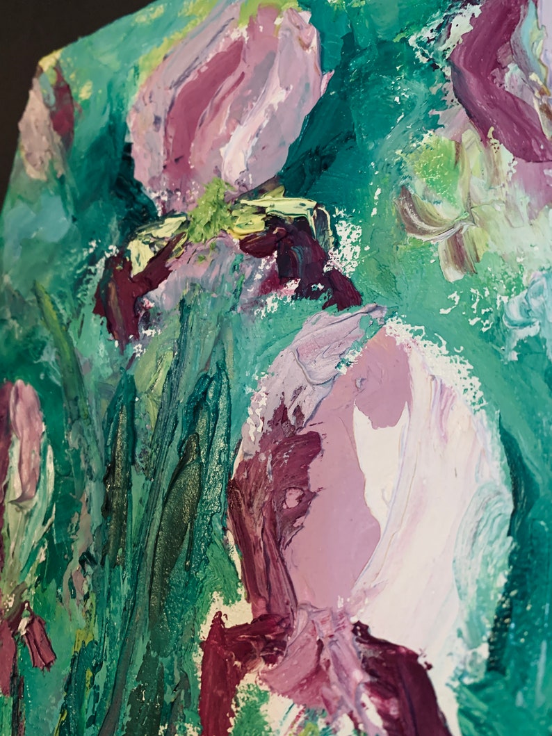 May include: Abstract painting of flowers in shades of pink, purple, and green. The flowers are painted with thick brushstrokes, creating a textured effect.