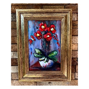 Orchid Painting , Aceo ,Original Acrylic Art , Red Flowers , Botanical Floral Artwork 4&#39;&#39; by 6&#39;&#39; , Ukrainian artist