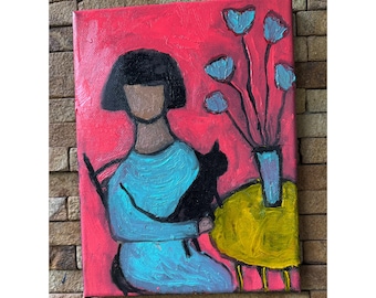 Girl with a Black Cat- Original Naive Style Painting Abstract Figurative Art on Canvas whimsical Colorful Home decor 7x10 gift