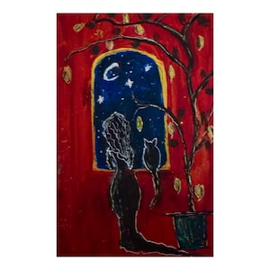 Peinture de nuit marocaine, fille et chat noir, citronnier, décoration murale, œuvre d'art moderne de l'artiste ukrainien