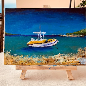 Pintura de Positano Italia, obra de arte original en acrílico, playa, barco 12x7 arte impresionista Italia paisaje artista ucraniano.