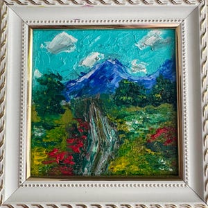 Abstract Landscape Painting- Oil Original Art Small 4 x 4 White Framed original Blue Sky Art Impasto Interior Wall Art Decor