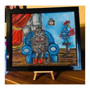 Peinture de chat et de coq...... Art original..... image drôle Peinture naïve acrylique Cadeau décor fait à la main 15x10 Artiste ukrainien