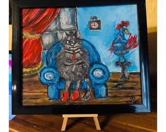May include: A painting of a cat wearing a red tie and red boots sitting in a blue armchair. A rooster with a red comb stands on a pedestal behind the cat. The painting is framed in black and is on an easel.