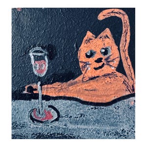 Aceo Gato Laranja # 79 Pintura com uma Taça de Vinho Miniatura enfeite Acrílico Arte Naif 2x2 Gato Laranja engraçado