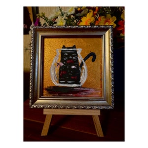 Chat noir Art mural #21 Poisson dans un aquarium Peinture Art naïf Portrait drôle de chat noir encadré Artiste ukrainien