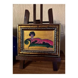 Peinture acrylique originale encadrée #75, Dame avec 2 chats noirs / Amoureux des chats / cadeau Femme art chats noirs Peinture chambre Décoration murale
