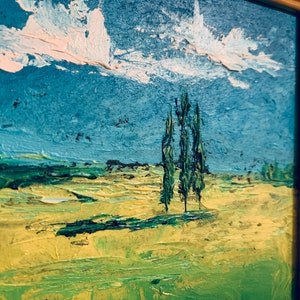 May include: A painting of a landscape with three trees in the foreground and a blue sky with white clouds in the background. The trees are painted in a green and brown color, and the sky is painted in a light blue color. The clouds are painted in a white color.
