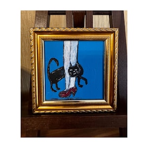 Black Cat Painting #105 Original Art Mini painting -4x4 Original Handmade painting Funny cute kitten by Julia Bond