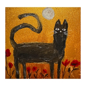 Peinture de chat noir et fleurs Original Acrylique Funny Cat Portrait encadré 4x4 Art naïf d’Ukraine