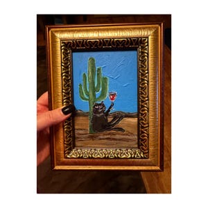 Peinture de chat noir avec un verre de vin #95 Art naïf Texas Décor en or Décor de cuisine encadré 4x6 drôle Chat noir sous cactus