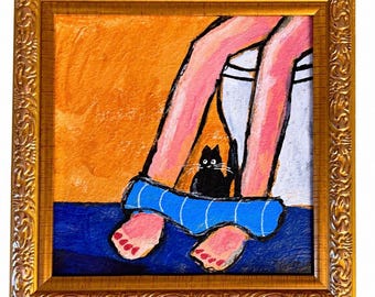 Cuadro de gato negro: divertida obra de arte acrílica de un gato - Decoración para baño 4*4" Regalo para el Día de la Madre