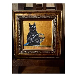 Peinture de chat noir et de tennis Art original Sports Tennis Mignon Drôle, Décoration murale pour la maison Amoureux des chats Ornement miniature